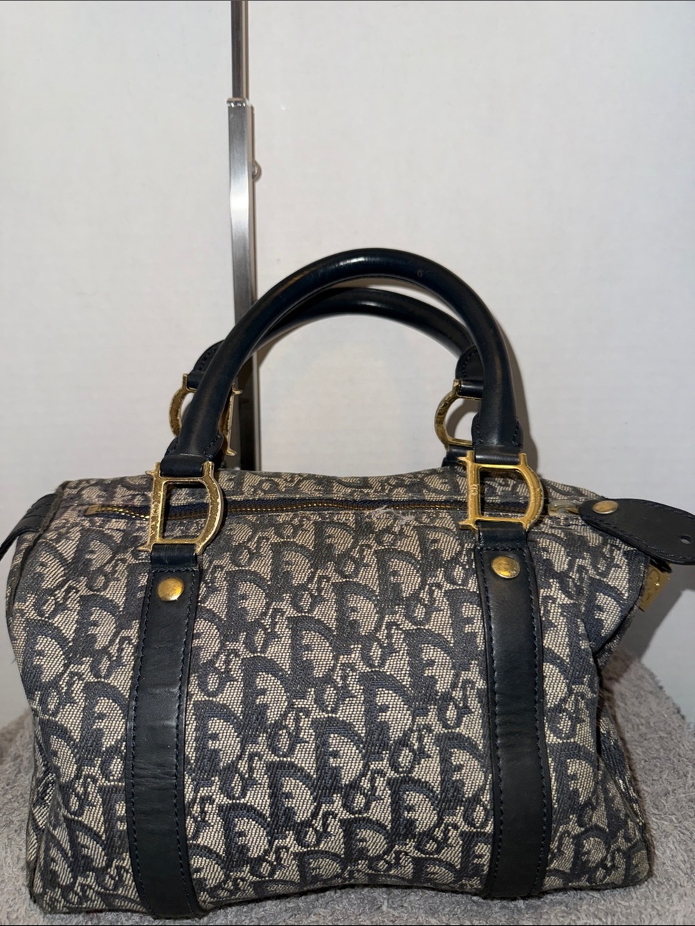 Dior Navy and Beige Monogram Boston with Gold Hardware